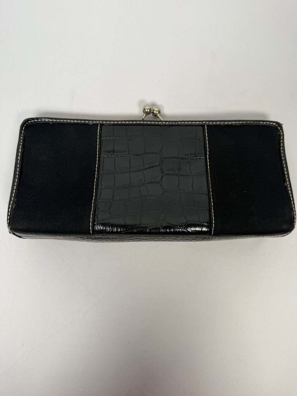 Tommy Hilfiger Black Faux Crocodile and Fabric Kiss Lock Clutch